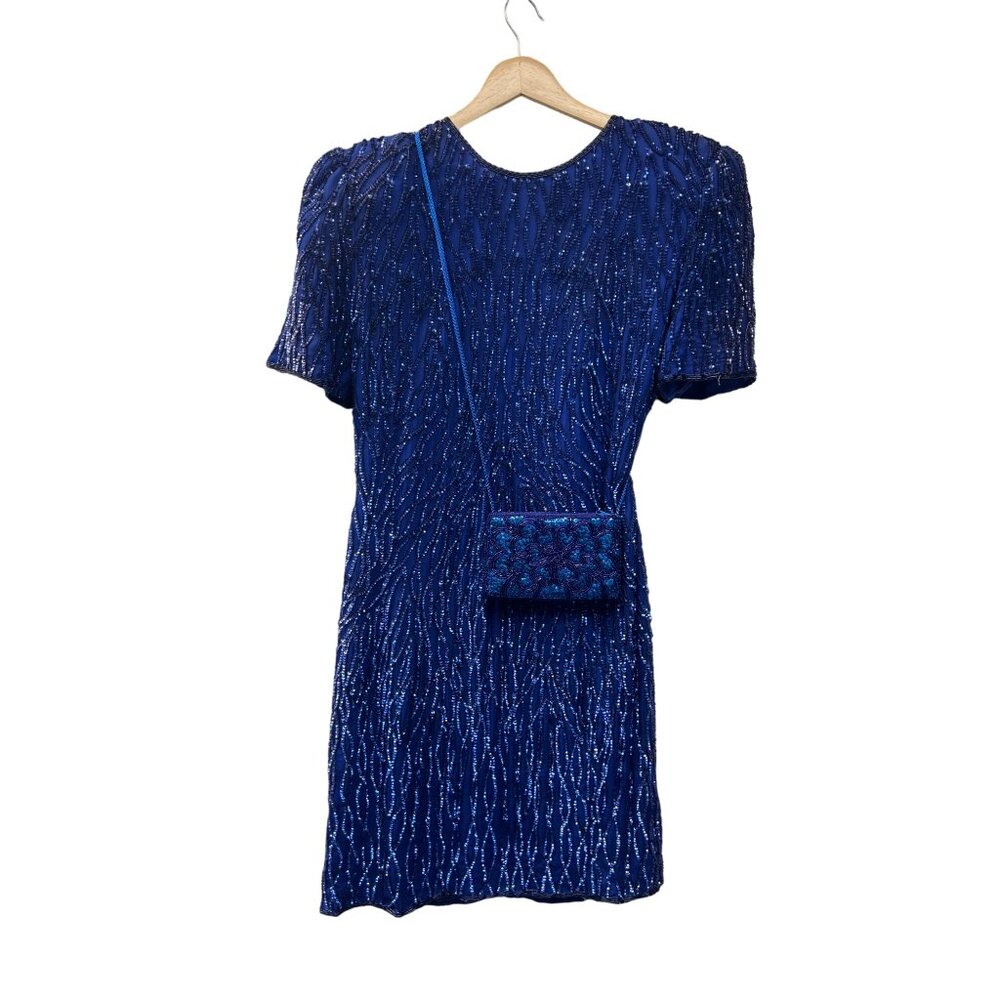 Laurence Kazar Vintage 80's Royal Blue Silk Sequin Cocktail Dress and Purse - Picture 3 of 11